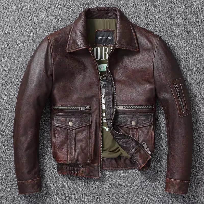 Bomber Jacket Men - Men's Genuine Leather Jacket Vintage Stone